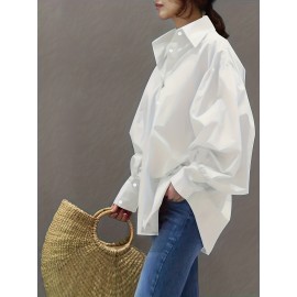 Solid Button Front Shirt, Stylish Lantern Sleeve Shirt For Spring & Fall, Women's Clothing