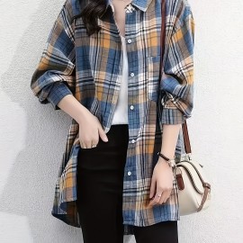 Plaid Print Button Front Shirt, Elegant Long Sleeve Lapel Shirt, Women's Clothing