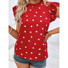 Heart Print Ruffle Trim Blouse, Casual Pleated Crew Neck Blouse For Spring & Summer, Women's Clothing