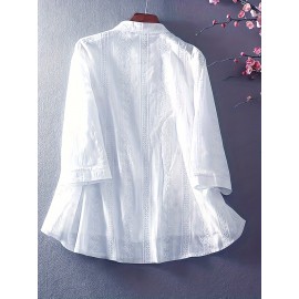 Eyelet Floral Blouse, Elegant Button Front Blouse For Spring & Summer, Women's Clothing