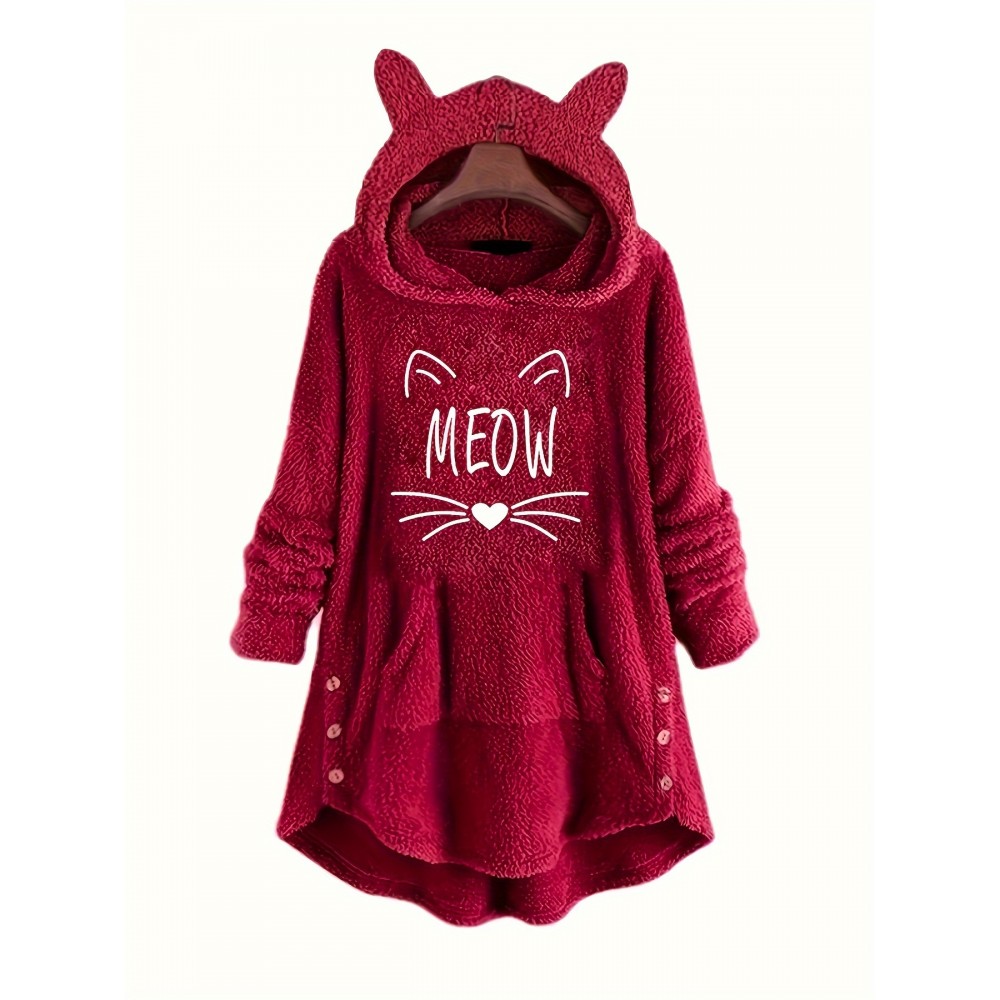 Cat Face & Letter Print Ear Decor Hoodie, Cute Kangaroo Pocket Asymmetrical Hoodies Sweatshirt, Women's Clothing