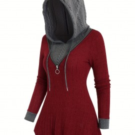 Color Block Zipper Hoodie, Casual Long Sleeve Drawstring Hoodies Sweatshirt, Women's Clothing