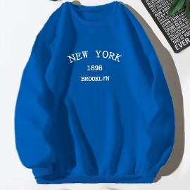New York Brooklyn Print Loose Sweatshirt, Casual Long Sleeve Crew Neck Sweatshirt, Women's Clothing