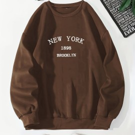 New York Brooklyn Print Loose Sweatshirt, Casual Long Sleeve Crew Neck Sweatshirt, Women's Clothing