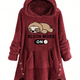 Animal Print Kangaroo Pocket Teddy Hoodie, Casual Long Sleeve Button Hoodie Sweatshirt, Women's Clothing