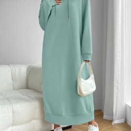Solid Drawstring Hooded Dress, Casual Long Sleeve Loose Dress, Women's Clothing