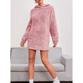 Solid Teddy Hooded Dress, Casual Long Sleeve Warm Dress, Women's Clothing