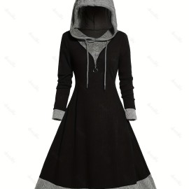Contrast Trim Drawstring Hooded Dress, Casual Long Sleeve Dress For Spring & Fall, Women's Clothing