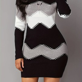 Color Block Simple Dress, Casual Long Sleeve Bodycon Mini Dress, Women's Clothing
