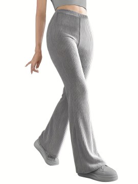 Solid Ribbed Knit Wide-Leg Pants, Causal High Waist Pants For Spring & Fall, Women's Clothing