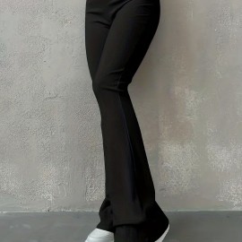 Solid Ribbed Flare Leg Pants, High Waist Slim Elastic Pants, Women's Clothing