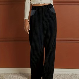 Ribbed Button Front Wide Leg Pants, Casual High Waist Pants, Women's Clothing