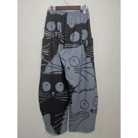 Graffiti Print Wide Leg Pants, Casual Elastic Waist Summer Pants With Pockets, Women's Clothing