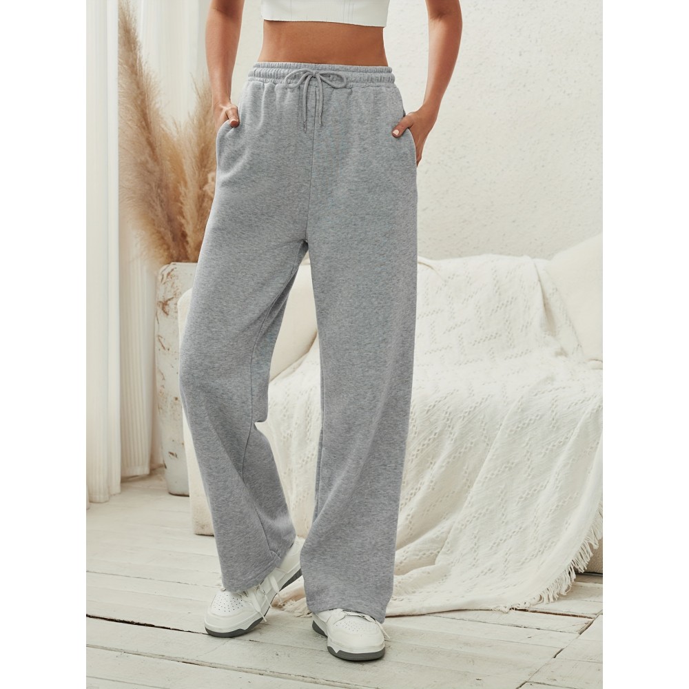 Solid Drawstring Wide Leg Pants, Casual Dual Pockets Pants, Women's Clothing