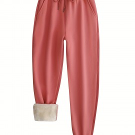 Winter Plush Thermal Pants, Casual Drawstring Pocket Pants, Women's Clothing