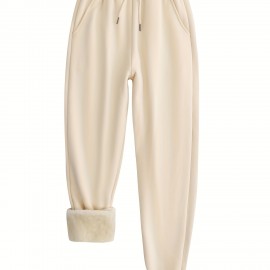 Winter Plush Thermal Pants, Casual Drawstring Pocket Pants, Women's Clothing