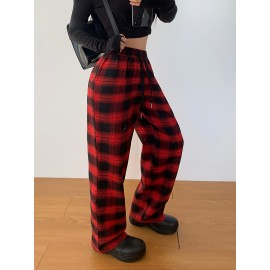 Plaid Print Straight Leg Pants, Casual Drawstring Waist Comfy Pants, Women's Clothing