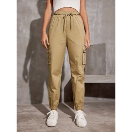Y2K Solid Pockets Drawstring Cargo Pants, Casual Loose Baggy Pants For All Seasons, Women's Clothing